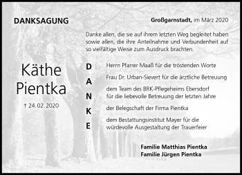 Traueranzeige von Käthe Pientka von Neue Presse Coburg