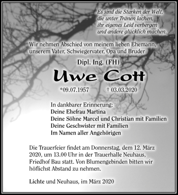 Traueranzeige von Uwe Cott von Südthüringer Presse