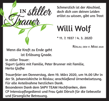 Traueranzeige von Willi Wolf von Frankenpost