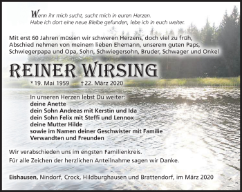 Traueranzeige von Reiner Wrsing von Südthüringer Presse