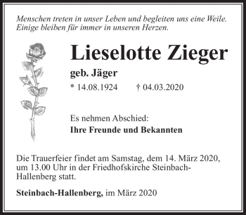 Traueranzeige von Lieselotte Zieger von Südthüringer Presse