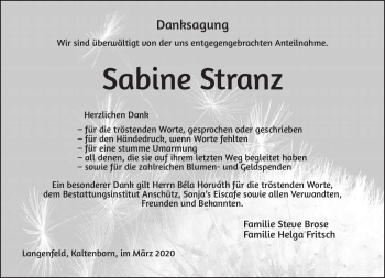 Traueranzeige von Sabine Stranz von Südthüringer Presse