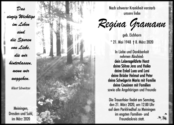 Traueranzeige von Regina Gramann von Südthüringer Presse