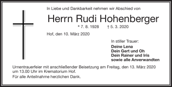 Traueranzeige von Rudi Hohenberger von Frankenpost