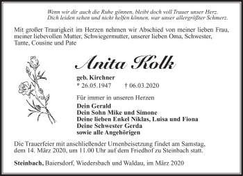 Traueranzeige von Anita Kolk von Südthüringer Presse