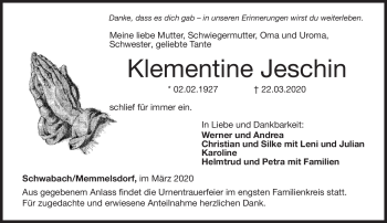 Traueranzeige von Klementine Jeschin von Neue Presse Coburg