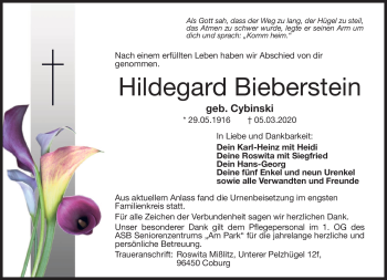 Traueranzeige von Hildegard Bieberstein von Neue Presse Coburg
