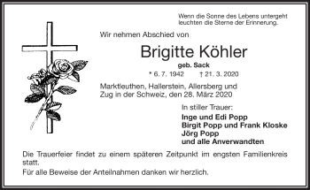 Traueranzeige von Brigitte Köhler von Frankenpost