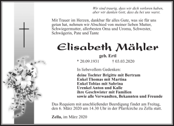Traueranzeige von Elisabeth Mähler von Südthüringer Presse
