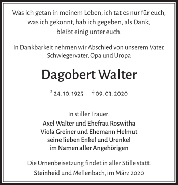 Traueranzeige von Dagorert Walter von Südthüringer Presse