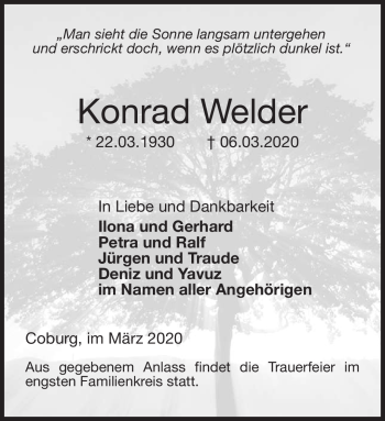 Traueranzeige von Konrad Welder von Neue Presse Coburg