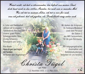 Traueranzeige von Christa Tügel von Südthüringer Presse
