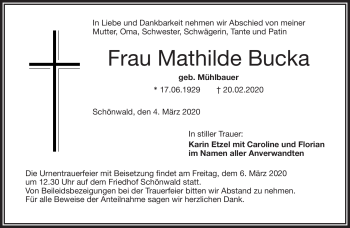 Traueranzeige von Mathilde Bucka von Frankenpost