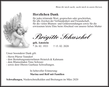 Traueranzeige von Brigitte Schuschel von Südthüringer Presse