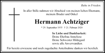 Traueranzeige von Hermann Achtziger von Frankenpost