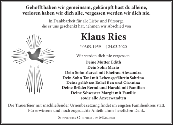 Traueranzeige von Klaus Ries von Südthüringer Presse