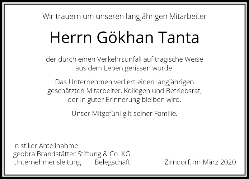  Traueranzeige für Gökhan Tanta vom 05.03.2020 aus Frankenpost