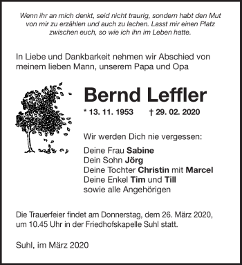 Traueranzeige von Bernd Leffler von Südthüringer Presse