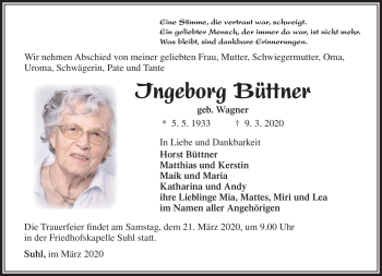 Traueranzeige von Ingeborg Büttner von Südthüringer Presse