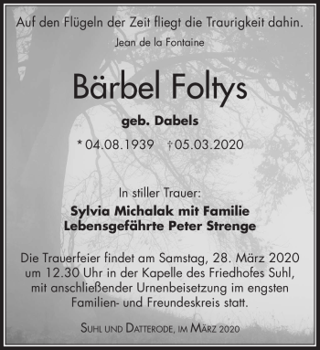 Traueranzeige von Bärbel Foltys von Südthüringer Presse
