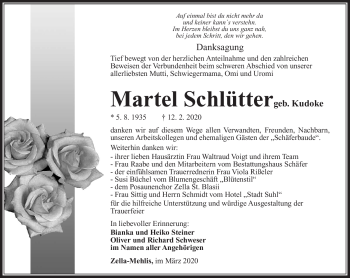 Traueranzeige von Martel Schlütter von Südthüringer Presse