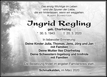 Traueranzeige von Ingrid Regling von Südthüringer Presse