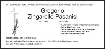 Traueranzeige von Gregorio Zingarello Pasanisi von Neue Presse Coburg