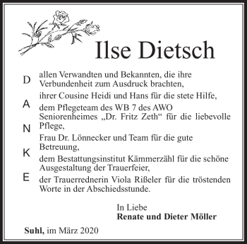 Traueranzeige von Ilse Dietsch von Südthüringer Presse