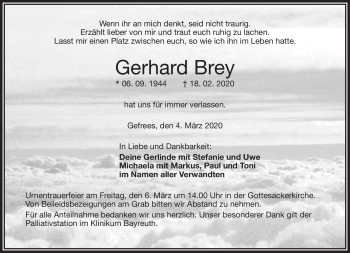 Traueranzeige von Gerhard Brey von Frankenpost
