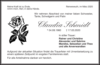 Traueranzeige von Claudia Schmidt von Frankenpost