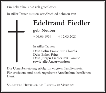 Traueranzeige von Edeltraud Fiedler von Südthüringer Presse
