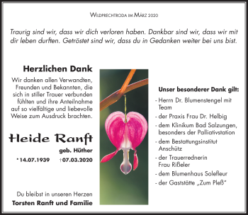 Traueranzeige von Heide Ranft von Südthüringer Presse