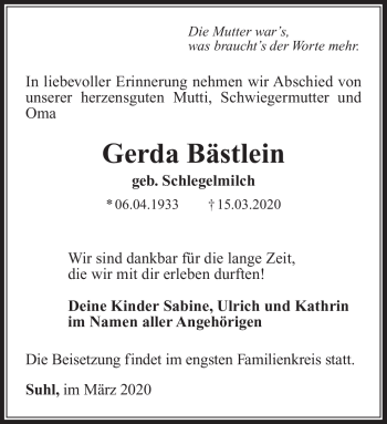 Traueranzeige von Gerda Bästlein von Südthüringer Presse