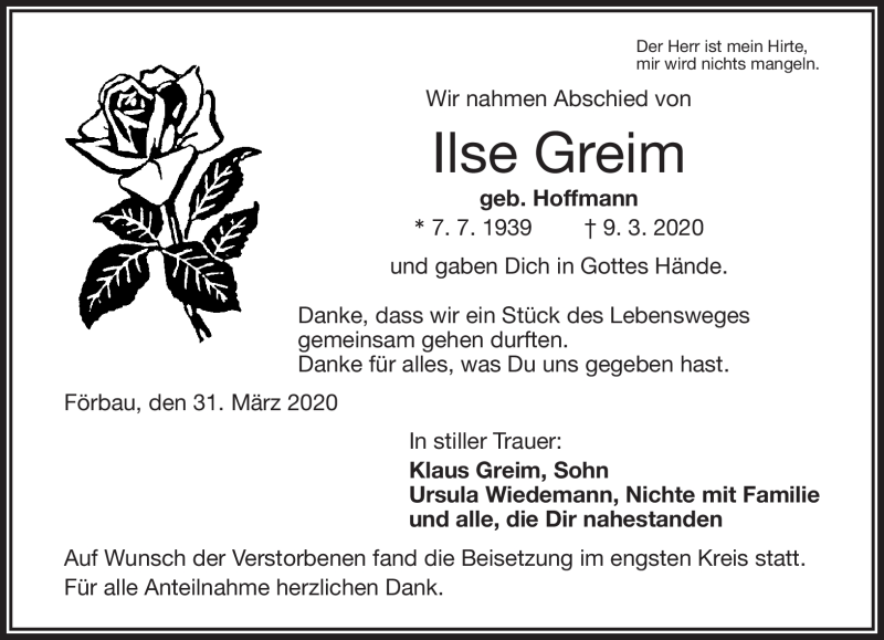  Traueranzeige für Ilse Greim vom 31.03.2020 aus Frankenpost
