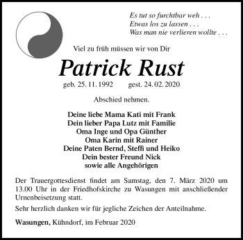 Traueranzeige von Patrick Rust von Südthüringer Presse