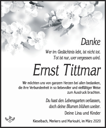 Traueranzeige von Ernst Tittmar von Südthüringer Presse
