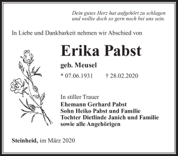 Traueranzeige von Erika Pabst von Südthüringer Presse
