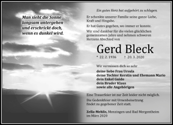 Traueranzeige von Gerd Bleck von Südthüringer Presse