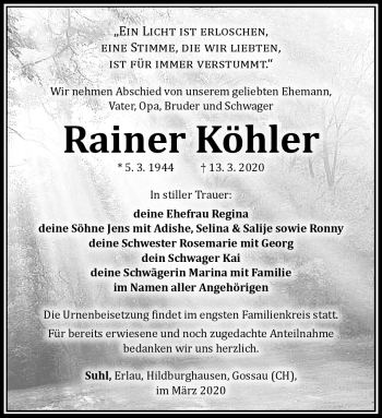 Traueranzeige von Rainer Köhler von Südthüringer Presse