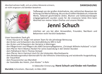 Traueranzeige von Jenni Schuch von Südthüringer Presse