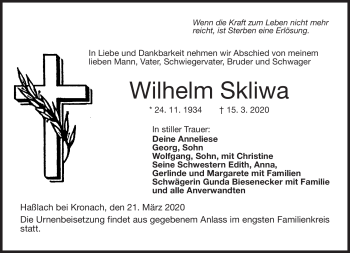 Traueranzeige von Wilhelm Skliwa von Neue Presse Coburg