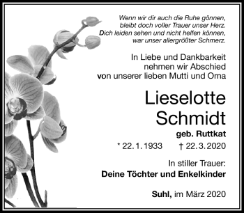 Traueranzeige von Lieselotte Schmidt von Südthüringer Presse