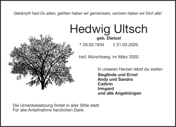 Traueranzeige von Hedwig Ultsch von Frankenpost