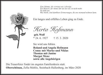 Traueranzeige von Herta Hofmann von Südthüringer Presse