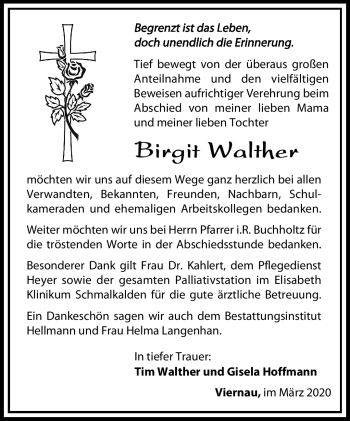 Traueranzeige von Birgit Walter von Südthüringer Presse