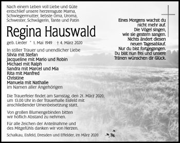 Traueranzeige von Regina Hauswald von Südthüringer Presse