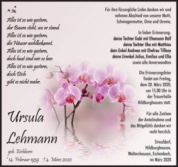 Traueranzeige von Ursula Lehmann von Südthüringer Presse