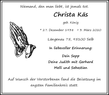 Traueranzeige von Christa Käs von Frankenpost