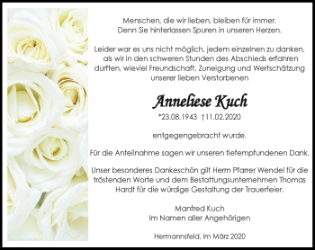 Traueranzeige von Anneliese Kuch von Südthüringer Presse