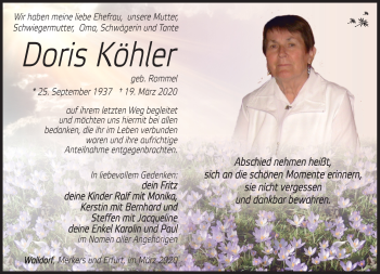 Traueranzeige von Doris Köhler von Südthüringer Presse
